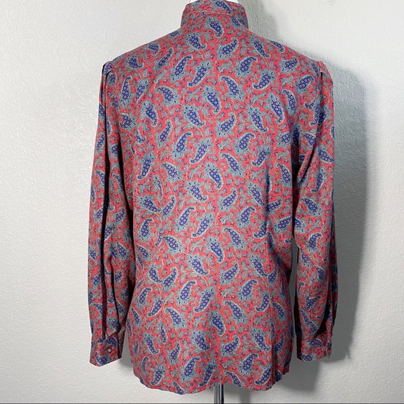 Vintage Red Paisley Mock Neck Puff Sleeve Button Up Blouse Med - Picture 6 of 9